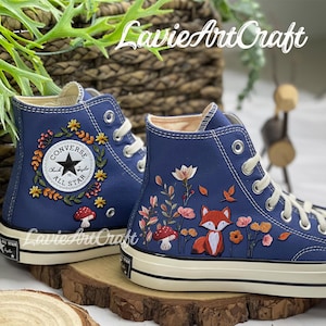 Fox and Mushroom Converse, Autumn Garden Fox Embroidered Converse, Flower Fox Embroidered Shoes, Hand Embroidered Shoes, Converse Mushroom
