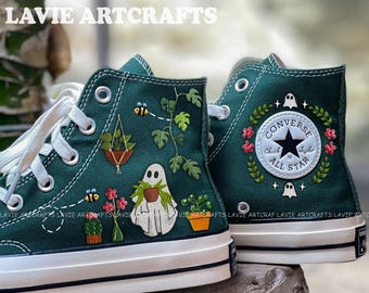 Ghost Garden Embroidered Converse, Custom Converse High Tops, Ghost Embroidered Shoes, Embroidery Converse Ghost, Converse Embroidered