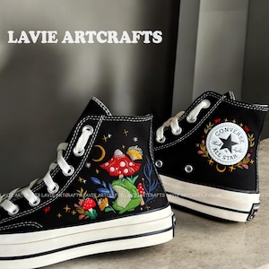 Frog and Mushroom Embroidered Converse, Mushrooms Embroidered Shoes, Converse Mushroom, Embroidered Frog Converse, Mushrooms Gifts