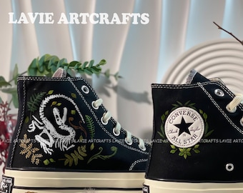 Dinosaur Fossil and Ferns Embroidered Converse, Ferns Embroidered, Converse Embroidered Dinosaur Fossil, Converse Embroidered,Flowers Wreath