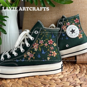 Green Converse Embroidery Wildflowers, Flower and Butterflies Embroidered Converse, Custom Embroidered Converse Chuck Taylor,Floral Converse
