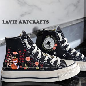 Fox Flower Embroidered Converse, Custom Embroidered Converse High Tops 1970s, Fox and Flowers Embroidered Sneakers, Fox Embroidered Sneakers