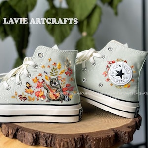 Raccoon Embroidery Converse, Embroidered Raccoon Trash Panda Shoes, Customized Converse,Autumn Maple Leaves Embroidered Converse,Gothic Vibe