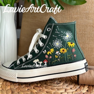 Sunflower Embroidered Converse Shoes, Dandelion Converse, Sunflower Mushroom Embroidery Shoes, Converse Mushroom, Custom Converse High Top