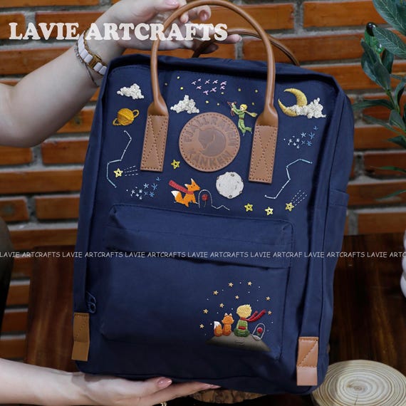Fjallraven Kanken Backpack - Navy Blue with Brown Leather Accents Pine Forest Design With Embroidered Backpack Kanken - Etsy main image 4