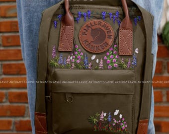 Wisteria Flower Embroidered Kanken Backpack, Custom Flowers Jfallraven Kanken, Rosaceae Flower Embroidery Rucksack, Woodland Flower Backpack