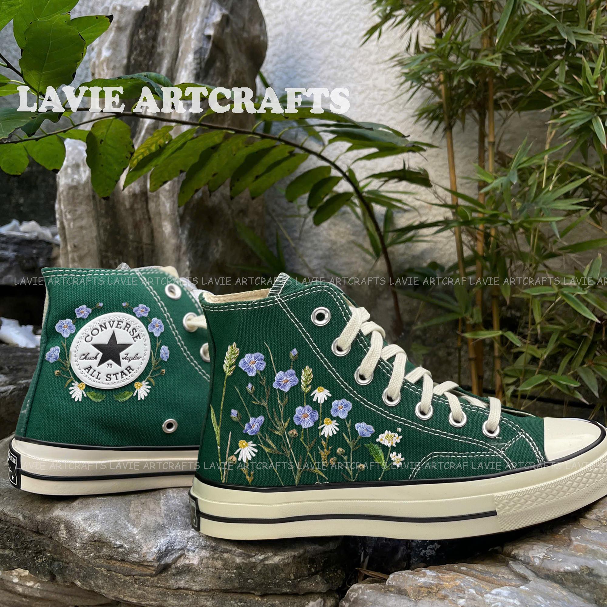 Green Converse Embroidered Wildflowers, Garden Flower Embroidered Shoes, Custom Embroidered Converse Chuck Taylor, Unique Gifts for Her