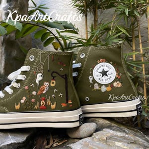 Halloween Night Owl Embroidery Converse, Converse Halloween, Ghost Embroidered Converse, Halloween Vibes, Custom Converse Chuck Taylor 1970s
