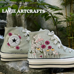 Custom Embroidered Converse Chuck Taylor, Mint Converse Embroidery Wildflowers, Garden Flower Embroidered Shoes, Unique Gifts for Her