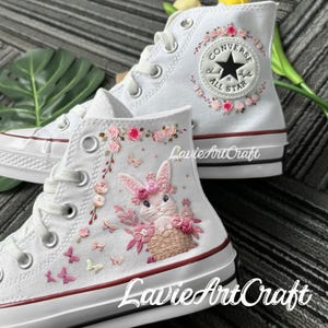 Rabbit Embroidered Sneakers, Bunny Easter Embroidered Converse, Converse Chuck Taylor 1970s, Flower Shoes, Converse Custom Rabbit Embroidery