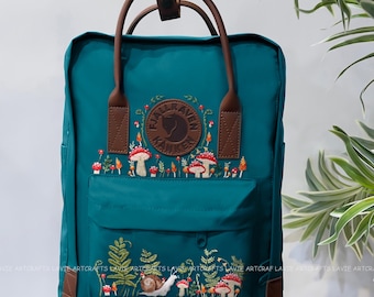 Kanken Backpack Embroidered with Mushroom, Custom Embroidered Fjallraven Kanken Backpack, Custom Mushroom and Fern Embroidered Rucksack