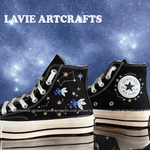Galaxy Zodiac Embroidered Converse, Custom Embroidered Sneakers, Planets, Stars, Moons, Universe Embroidered Shoes, Converse High Tops 1970s