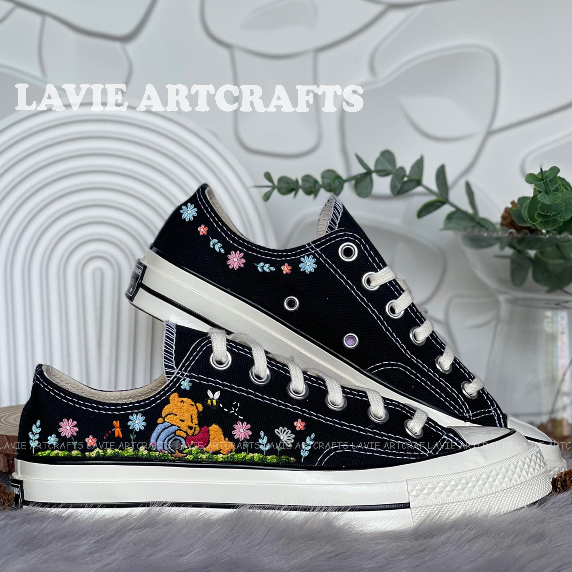 Pooh Bear Embroidered Converse, Custom Pooh Honey Bear Embroidered Converse Low Tops, Cute Dog Flower Embroidery Converse, Converse Low Tops