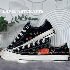 Pumpkins Embroidered Converse, Converse Low Tops, Flower Embroidery Converse, Autumn Leaves and Pumpkins Embroidered Converse, Pumpkin Shoes