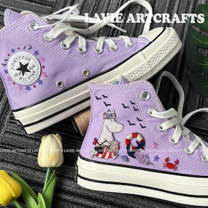 White Hippo Embroidered Converse, Custom M.oo.min Character Embroidery, Converse Embroidered, Converse HiTops, Floral Shoes, Gift For Her