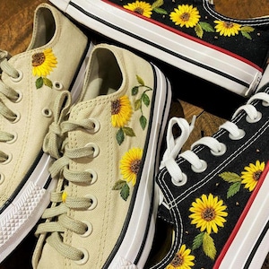 Custom Sunflower Embroidered Converse Low Tops, Sunflower Converse, Embroidered Sneakers, Floral Converse, Sunflower Embroidered Converse