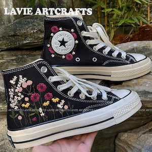 Garden Flower Embroidered Shoes, Flowers Embroidered Converse, Small Flower/Floral Shoes, Custom Embroidered Converse High Tops,Gift For Her