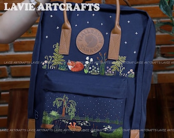 Fox Embroidered Fjallraven Kanken, Travel Backpack Embroidered, Fox and Fern Embroidered Kanken Backpack, Large Rucksack, Woman Backpack