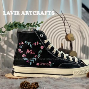 Flower Wedding Converse, Embroidered Converse Wedding Flowers, Floral Embroidery Sneakers, Name and Anniversary Date Embroidered Shoes