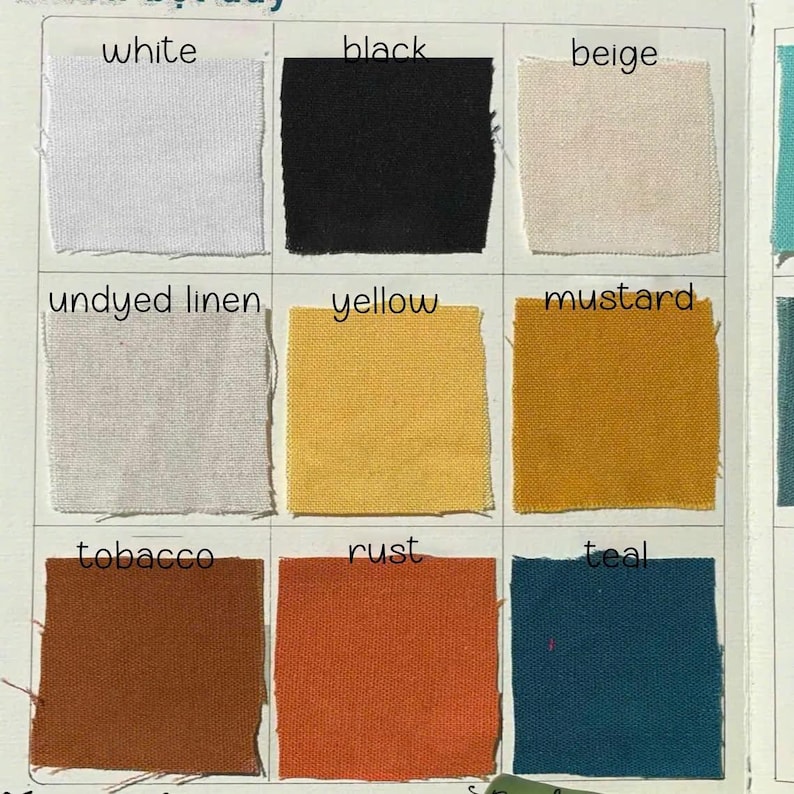 May include: A color swatch chart featuring nine fabric samples in various colors. The colors include white, black, beige, undyed linen, yellow, mustard, tobacco, rust, and teal. Each swatch is labeled with its respective color name.