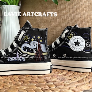 Night with Star Embroidered Converse, Converse Starry Night Embroidered, Embroidered Converse Custom Stars, Converse HiTops , Embroidery Art