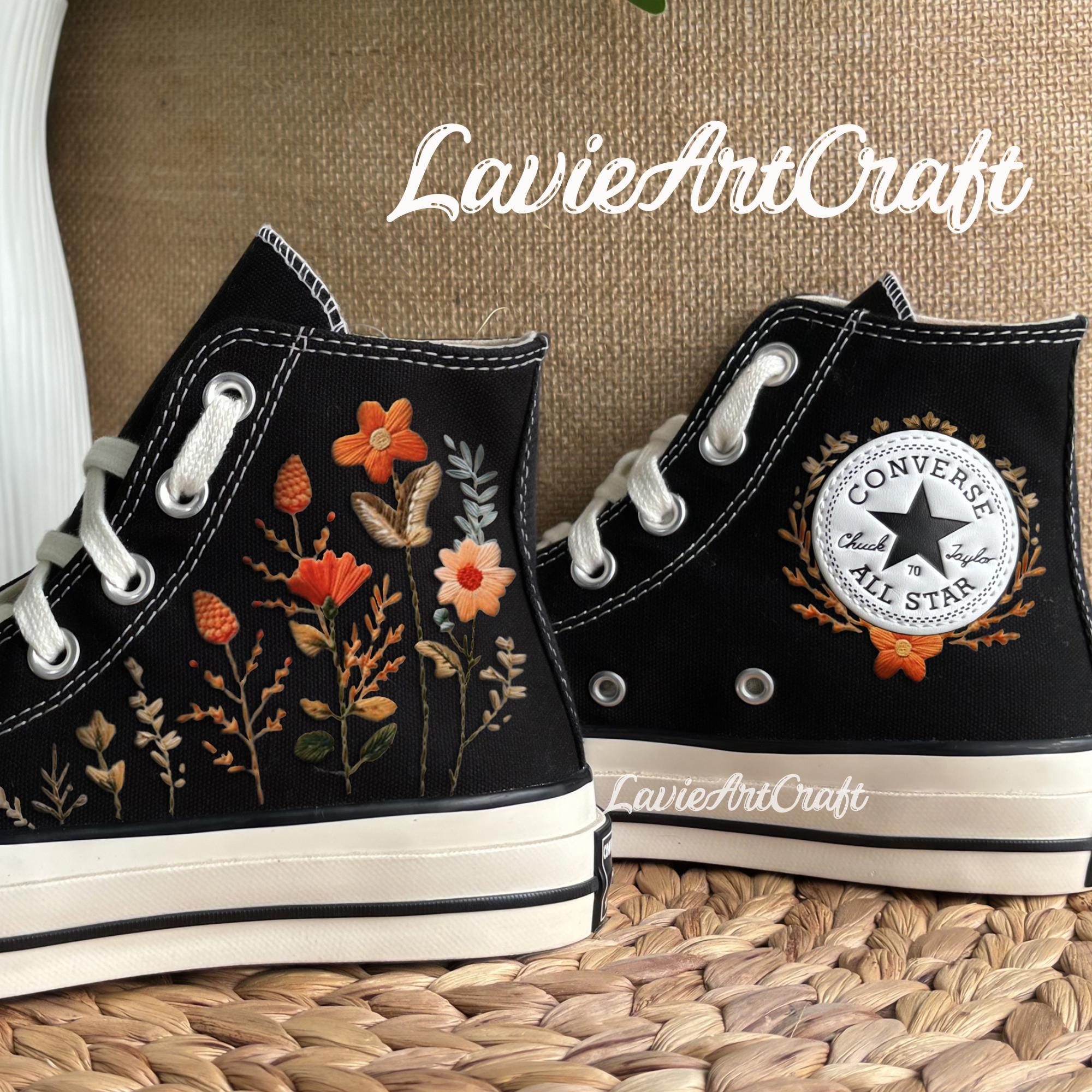 Zapatillas Converse con bordado de flores de naranja, zapatillas con flores bordadas, zapatillas Converse de alquiler para jardín de flores, zapatilla