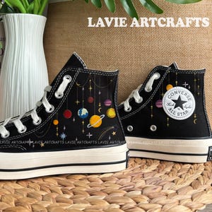 Universe And Stars Embroidered Converse, Planets, Stars, Moons, Universe Embroidered Shoes, Converse High Tops, Embroidery Universe Converse