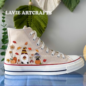 Gnome with Cat Embroidered, Converse Custom Embroidery Flowers And Pumpkins, Embroidered Converse Autumn Garden, Converse Chuck Taylor 1970s