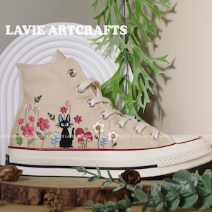 Cat Ji.ji Embroidered Converse, Custom Anime Character Embroidered Converse, Cat Flower Embroidered Sneaker, Custom Pet, Cat Lover Gift