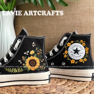 Sunflower Converse, Sunflower Embroidered Shoes, Custom Converse Sunflowers, Sunflower Wedding Embroidered Sneaker for Women, Flower Wreath
