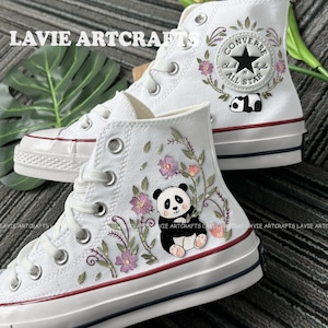 Panda Flower Embroidery Converse, Embroidered Panda Converse, Custom Converse High Top Embroidered, Embroidered Panda, Flower Converse