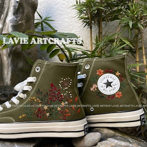 Autumn Plants Embroidery Converse, Custom Autumn wildflowers Embroidered Converse, Personalized Hand Embroidered Sneakers, Unique Gift
