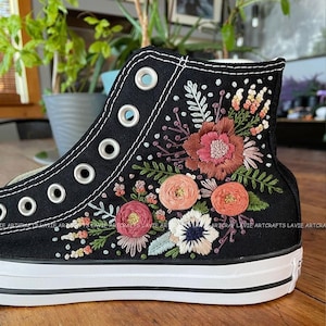 Custom Converse Chuck Taylor Embroidered, Flower Embroidered Converse, Converse Embroidery Wildflower, Converse High Top,Black Shoes Flower