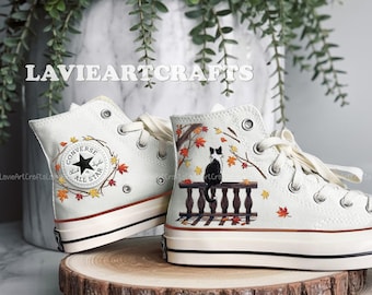 Cat Converse, Calico Cat by Autumn Window Shoes, Pet Portrait Hand Embroidery Sneakers, Garden Flowers and Cat, Gifts for Her, Floral Chucks