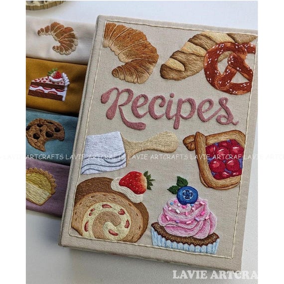 Carnet brodé de recettes, Carnet personnalisé brodé à la main, Carnet de notes en tissu fait main, Journal à couverture rigide en tissu, Carnet à
