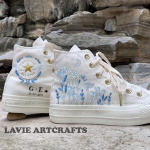 Wedding Converse for Bride, Custom Embroidered Converse Platform, Wedding Flowers Embroidered Platform Shoes, Personalized Bridal Sneaker