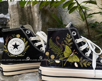 Butterfly and Ferns Embroidered Converse, Converse Embroidered Actias Luna Butterfly, Luna Moth Butterfly Embroidery Sneaker, Flowers Wreath