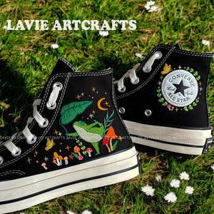 Frog and Mushroom Shoes, Converse Embroidery Mushroom, Frog Converse Embroidery, Mushroom Sneaker, Hand Embroidered, Embroidered Converse