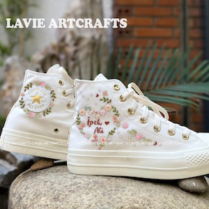 Wedding Sneaker for Bride, Name Bride and Groom Embroidered Converse Platform,Bridal Flower Embroidered Shoes Custom,Wedding Gift for Couple