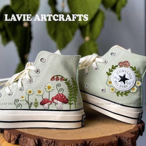 Mushrooms Embroidered Sneakers, Mushrooms Embroidered, Embroidered Converse Shoes, Custom Converse Chuck Taylor Mushrooms, Converse Flower