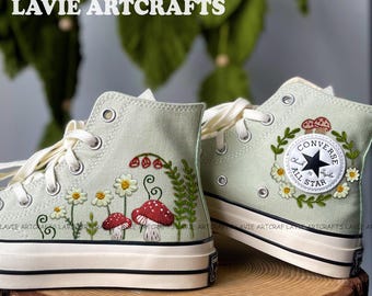 Mushrooms Embroidered Sneakers, Mushrooms Embroidered, Embroidered Converse Shoes, Custom Converse Chuck Taylor Mushrooms, Converse Flower