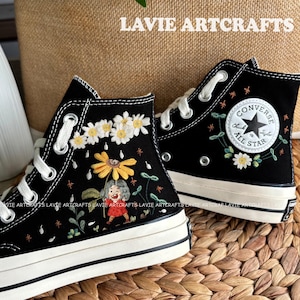 Sunflower Converse, Sunflower Embroidered Converse, Custom Converse Embroidery Sunflower, Sunflower Gifts, Converse High Tops Chuck Taylor