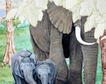 Mama and Baby Elephants Print
