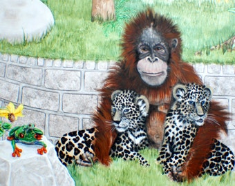 Orangatan with kittens, Children's Fine Art Print