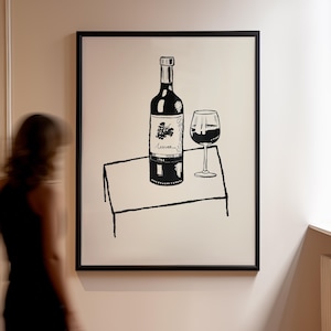 Retro wijnposter, barwagen kunst aan de muur, wijnliefhebber cadeau afdrukbare muurkunst handgetekende wijnposter, esthetische eetkamer decor, barwagen afdrukken