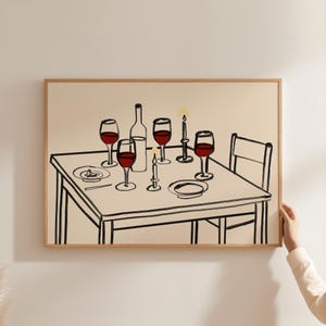 Nowoczesna sztuka ścienna do jadalni, wydruk HORYZONTAL DINER, sztuka do druku, sztuka wózka barowego, ilustracja wina, uroczy plakat, ręcznie rysowany wydruk
