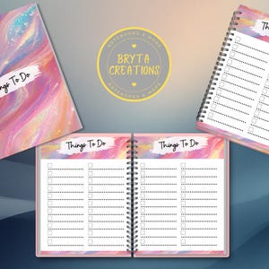 May include: Spiral-bound notebooks with a colourful, abstract design in pink, blue, and yellow. Each notebook features the text "Things To Do" in a white brushstroke font. The notebooks are open and closed, displaying lined pages with checkboxes.