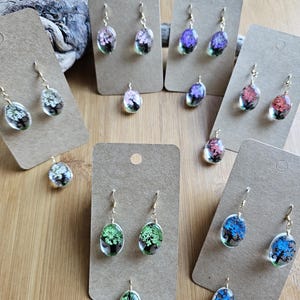 Puede incluir: Surtido de pendientes hechos a mano con flores y hojas prensadas encapsuladas en resina. Los pendientes se muestran en cartulina marrón y verde.