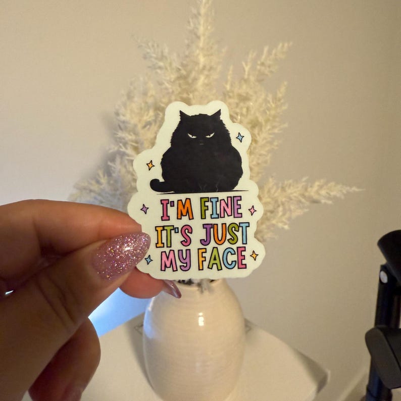 May include: A sticker featuring a black cat illustration with the text "I'M FINE IT'S JUST MY FACE" in colorful letters. The cat has an angry expression. The sticker is held in front of a vase with dried flowers.