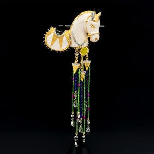 Vintage Deco Brooch,Art Deco Brooch,White Horse Brooch,Beaded Tassel Brooch,Court Style Brooch,Christmas Brooch,Party Brooch,Coat Brooch